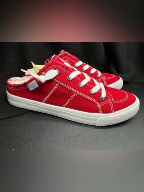 Obtaom Red Canvas Slip On Sneakers Raw Hem Mule Style Casual Shoes Women Size 10